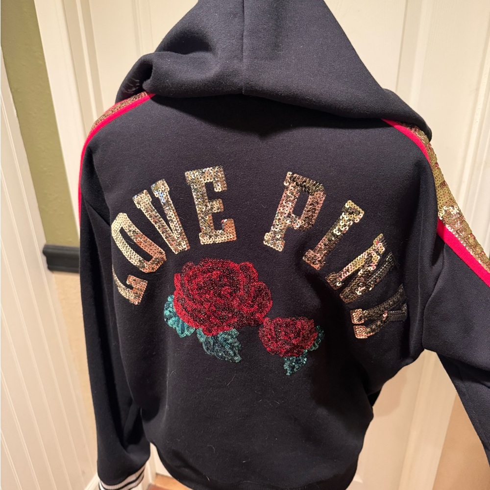 Victoria's Secret Pink BLING Black, White and Red Hoodie with roses 🌹